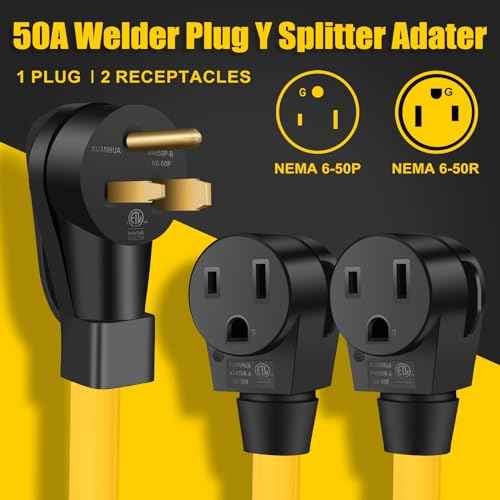 50A NEMA 6-50P to 2 Outlet 6-50R Y Splitter Power Cord Adapter, 3 Prong 6 AWG 250V Welder Splitter Power Extension Cord for EV Charger Dryer, 3 Feet