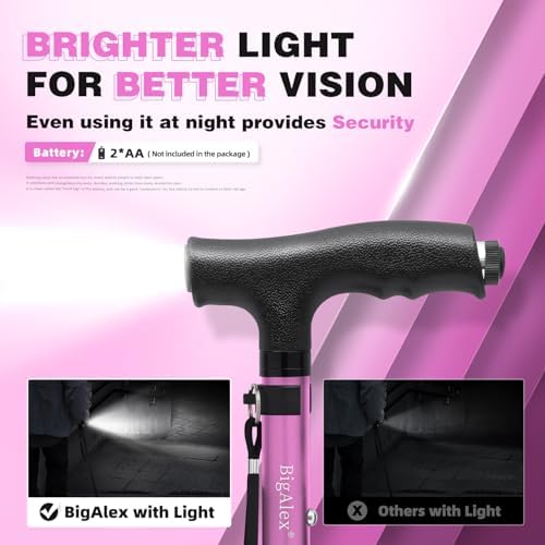 BigAlex Folding Walking Cane with LED Light, Lightweight Adjustable Canes for Women & Men, Free Standing Canes, Pivot Tip, Adjustable Travel Walking Aids with Carry Bag for Seniors Balance & Stability
