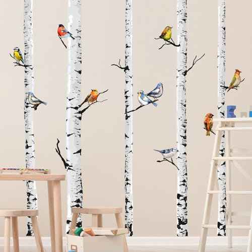 Supzone Large Birch Tree Wall Decals 5 White Tree Forest Birds Wall Stickers Peel and Stick Wall Art Decor for Bedroom Living Room Kitchen Sofa TV Backdrop Wall Decoration