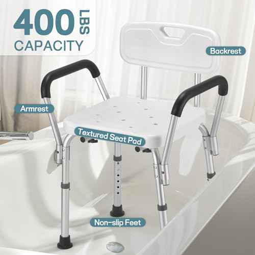 Shower Chair for Elderly and Disabled with Padded Armrests and Back, Adjustable Height Shower Seat, Easy to Assemble Heavy Duty Shower Chairs for Inside Shower, Handicap