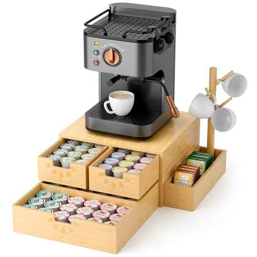 Coffee Pod Drawer, Wooden K Cup Holder with Tree Shape Mug Holder and Side Storage Box, 2-Tier K Pod Drawer Coffee Maker Machine Stand(80 Kcups+60 Tea Bags Capacity)