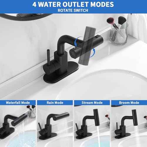 RUMOSE Matte Black Bathroom Faucets with 4 Mode Pull Down Sprayer Single Handle Waterfall 360¡ÆRotatable Bath Sink Faucet with Pop Up Drain 1 or 3 Hole Pull Out Bar Vanity Faucet with Deck Plate