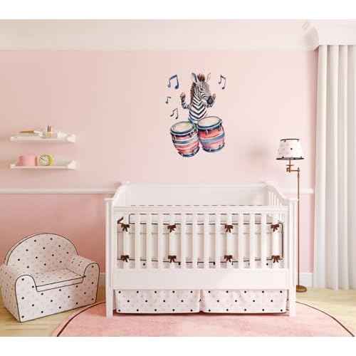 Zebra Play Drum Decal Wall Stickers, Fun Animals Decor Music Vinyl Waterproof Peel Removable Wall Decor for Nursery Kids Baby Bedroom Preschool Playroom Classroom