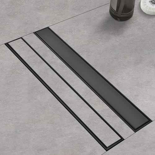 Linear Shower Drain £¬with Tile Insert Panels £¬18 Inch Black 304 Stainless Steel Rectangle Shower Floor Drain£¬with Hair Catcher, Adjustable Feet£¬Fits Bathroom, Balcony