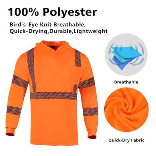 VENDACE Safety Reflective High Visibility Long Sleeve Shirts with Hood Class 3 Hi Vis Construction Work Shirts for Men