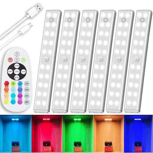 LED Under Cabinet Lighting Wireless, Dimmable LED Closet Light Rechargeable, Remote Control Kitchen Counter Lighting 15 Color Changing RGB Bar Perfect for Bedroom Indoor Pantry Shelf, 6 Pack