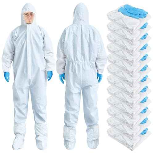 TrelaCo 12 Sets Hazmat Suit Disposable Protective Coveralls Full Body Paint Suit with Hood Shoe Cover and Glove Breathable Coverall (XXL,White)