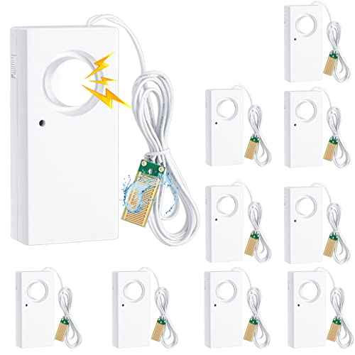 Hoteam 10 Pcs Water Sensor Alarm Leak Detector 120db Water Leak Alarm 9v Battery Flood Sensor Detector Overflow Security Alert for Home Basement Kitchen Garage Bath Tub Sink, White