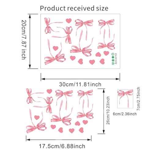 12 Sheets Bow Wall Stickers Peel and Stick Coquette Pink Bow Heart Decals for Room Nursery Boho Bedroom Dresser Playroom Living Room Windows Aesthetic Waterproof Wallpaper for Christmas Room Decor