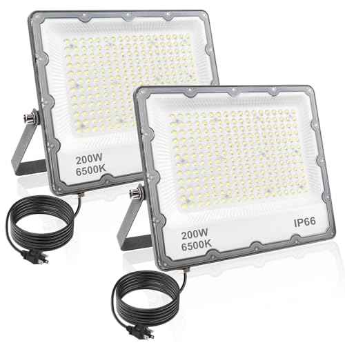 200W LED Flood Lights with Plug, Outdoor Security Lights Wall Fixtures 6500K 20000LM Illumination, IP66 Waterproof White Lighting Projects for Ball Ground, Parking Lot, Pathway, Yard (2 Pack)