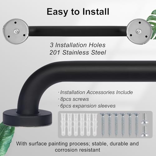 supregear Grab Bars for Bathroom, 20 Inch Length Black Shower Safety Grab Bar, 1 Inch Diameter 201 Stainless Steel Anti-Slip Handle for Senior, Elderly, Handicap