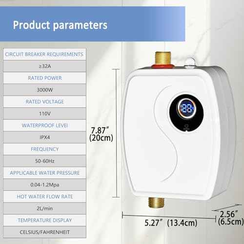 110V Tankless Water Heater Electric, 3000W Compact Water Heater, Heating Water On Demand Conveniently Convertible Between Fahrenheit and Celsius
