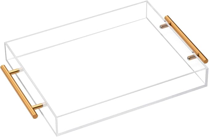 Acrylic Tray 16x12 with Golden Metal Handles - Spill Proof Decorative Tray is an Ideal Countertop Organizer for Living Rooms, Ottoman Coffee Tables, Offices, Kitchens & Serving Guests