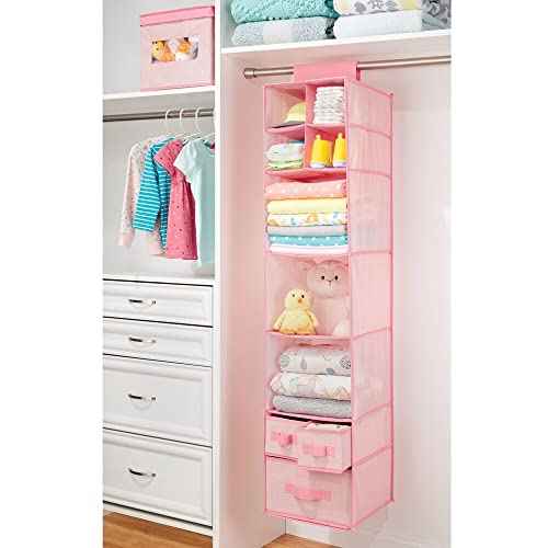 mDesign Fabric Hanging Organizer - Over Closet Rod Storage with 7 Shelves and 3 Removable Drawers for Baby Nursery or Bedroom Organization - Holds Clothes, Linens, Toys, Accessories - Pink Herringbone