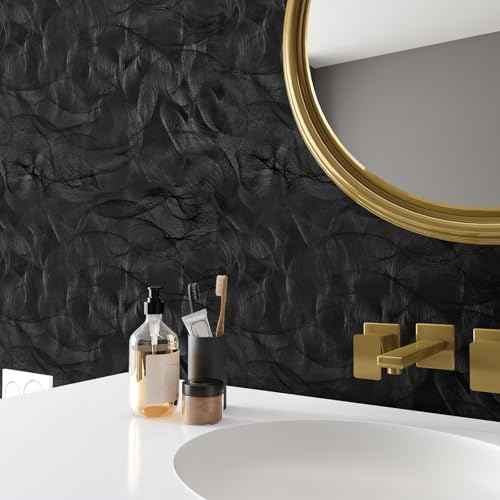 VaryPaper Modern Textured Black Wallpaper Peel and Stick Spiral Circle Geometric Wallpaper for Bedroom Bathroom Removable Self Adhesive Vinyl Black Contact Paper for Walls Cabinets 15.7''x78.7''