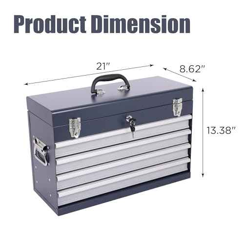 21-Inch Metal Tool Box with 4 Lockable Drawers, Portable Tool Chest Organizer for Mechanics & DIY | Auto-Locking System, Smooth Ball Bearing Slides, Durable Powder Coated Finish | EVA Padding