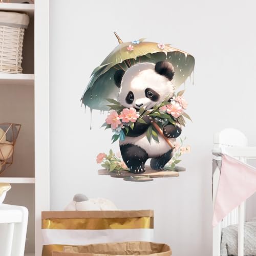 Panda & Bamboo Umbrella and Flowers Wall Stickers Nursery Animal Wall Decals for Kid Removable Peel and Stick Wall Art Home Decor Decoration for Classroom Preschool Living Room Bedroom