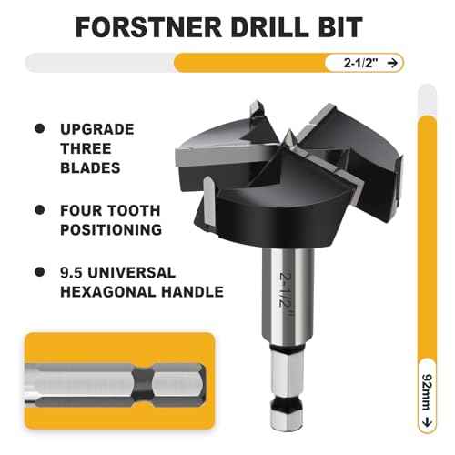 2-1/2" Forstner Drill Bit with 3/8" Quick Change Hex Shank,Triple Flute Tungsten Carbide Tipped - for Hard Wood,Soft Wood Woodworking Hinge Cutter Tool Kits for Veneered Plywood Plastic