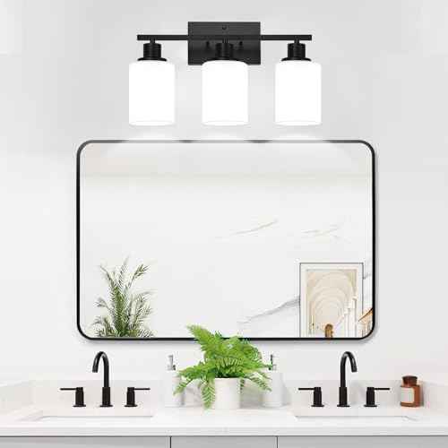 3-Light Bathroom Light Fixtures, Vanity Light with Milky White Shades, Matte Black Bathroom Light Fixtures Over Mirror, Modern Bathroom Wall Lamp for Mirror Living Room Cabinet Bedroom