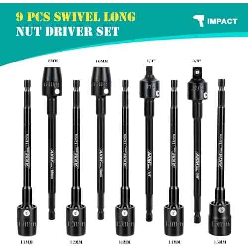 9-Piece Long Universal Nut driver set, 6 inch 360¡ÆRotatable Hex Shank Impact Driver Socket Adapter Impact Socket Adapter 150mm 3/8 1/4 Cr-V Metric