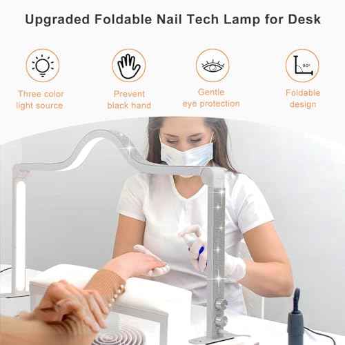 Upgraded Nail Tech Lamp for Desk, 34 in Foldable Large Nail Light with Phone Holder, 3 Modes 3000K-6000K LED Manicure Lamp, Half Moon Light for Lash Eyelash Extension, Tattoo, Eyebrows
