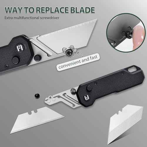Vectron Folding Utility Knife, 2.36" SK2 Blade(Included extra 10pcs) Pocket Knife with Pocket Clip for Men Women EDC Box Cutters and Razor Knife for Home Office Warehouse Black