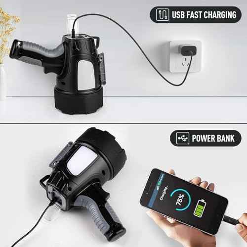 LBE Rechargeable Spotlight Outdoor, 90,000 Lumens Led Spotlight Flashlight with Cob Light and Foldable Tripod, 6 Modes Waterproof Handheld Spot Light for Outdoor Marine Boating H?nting