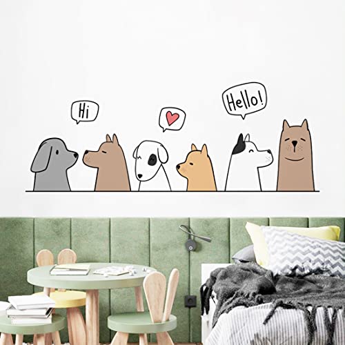 Dogs 'Say Hi' Cartoon Wall Decals, Multicolor, Polyethylene Terephthalate, Reusable, Rectangular, Indoor, 11.8in x 23.6in