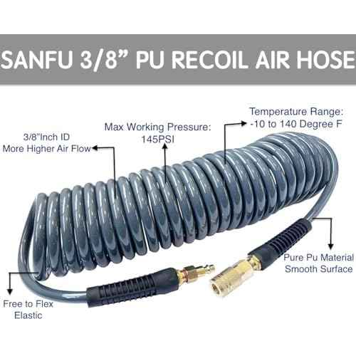 SANFU (PU) Polyurethane Recoil Air Hose 3/8¡±ID(9.1x 12.2mm) x 25ft, Flexible, Professional 145PSI with Reassembled Brass Quick Coupler and Plug, Grey(25')