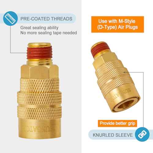 SUNGATOR 1/4'' Air Hose Fittings, 10-Pack Brass 1/4 Inch NTP Male Industrial Couplers, 1/4'' Air Line Quick Connect Fittings, Compressor Hose Repair Accessories Kit, 1/4'' Male NTP Couplers