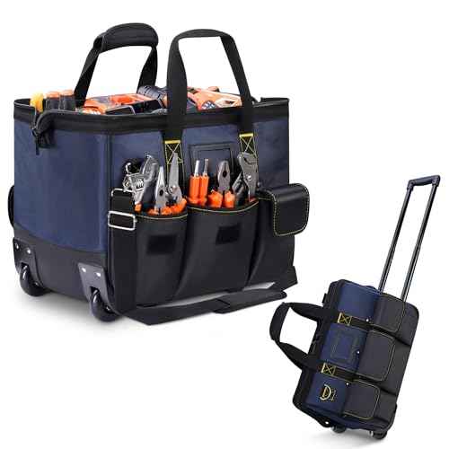 Rolling Tool Bag with Large Capacity, Heavy Duty Tool Organizer Bag with Wheels and Multi-pocket, Tool Storage Bag with Handle/Shoudler Strap/for Men, Electrician, Repairman, HVAC Techs, Mechanic