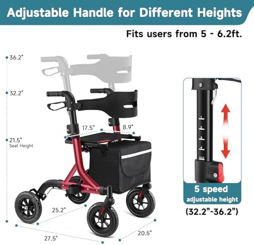 Walkers for Seniors, Rollator Walker with Seat, 8" Rubber Wheels All Terrain Rollator Walker with Backrest, Aluminum Walkers Built-in Cable, Foldable and Adjustable Height for Seniors, Red