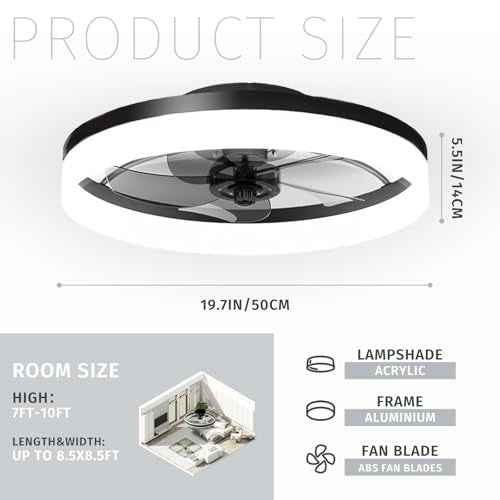 19.7 inch Low Profile Ceiling Fan with Lights and Remote, Fandelier Dimmable Ceiling Fan Flush Mount, 3000K-6500K Bladeless LED Fan Light for Bedroom,Dining Room and Kitchen (Black, 1 Pack)