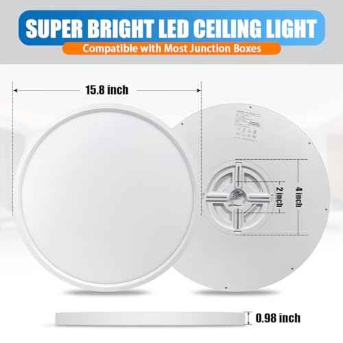Allsmartlife Led Flush Mount Ceiling Light 2 Pack, 15.8 inch 32W 4320lm Dimmable Led Ceiling Light, 3000K/4000K/6500K, Round Led Light Fixture for Laundry Room, Hallway