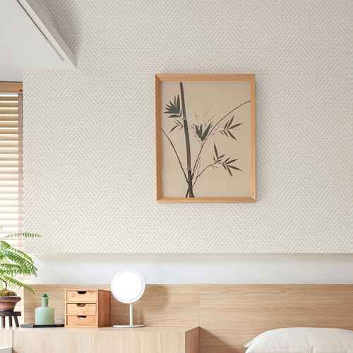 Rugreat Striped Grasscloth Wallpaper Peel and Stick Textured Grass Cloth Contact Paper for Cabinets Herringbone Fabric Wallpaper for Bedroom Beige Faux Linen Contact Paper Removable 78.8inL 17.3inW