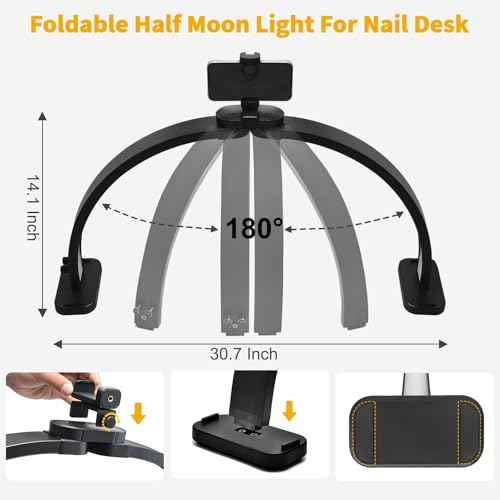 CGBE Half Moon Light for Nail Desk: Extra Large 30.7" Nail Desk Light with Phone Holder - 3 Color Modes & 10 Brightness for Nails, Beauty, Eyelashes, Tattoos - Black