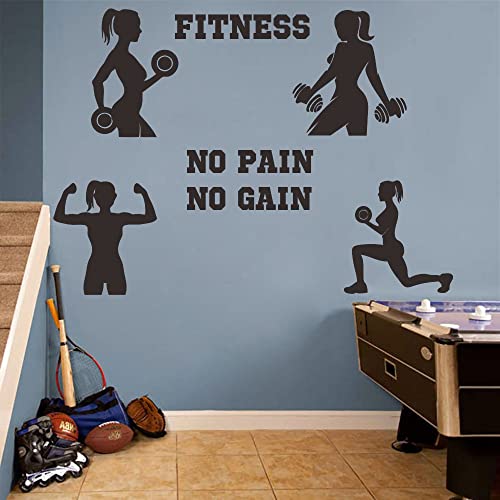 Women Fitness Wall Decal - ¡°No Pain No Gain¡± Motivational Quote with Girl Lifting Weights - PVC Removable Vinyl Sticker for Gym, Home Workout Room, Bedroom Decor - 34x24 Inch JWH177 (Black)