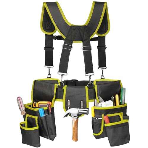 Tool Belt,Professional Tool Belts for Men with Suspenders,18 Pockets Heavy Duty Tool Pouch,Heavy Duty Detachable Adjustable Utility Belt Work Bags for Electrician,Carpenter (Yellow, Large)