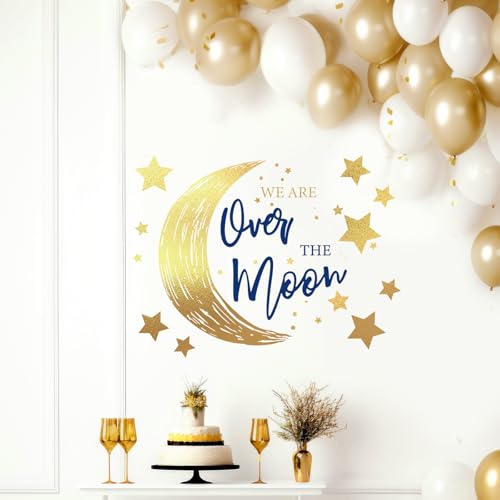 Baby Shower Party Decal Sign We Are Over The Moon Wall Stickers Moon Star Backdrop Photo Prop for Birthday Gender Reveal, 4 Sheets