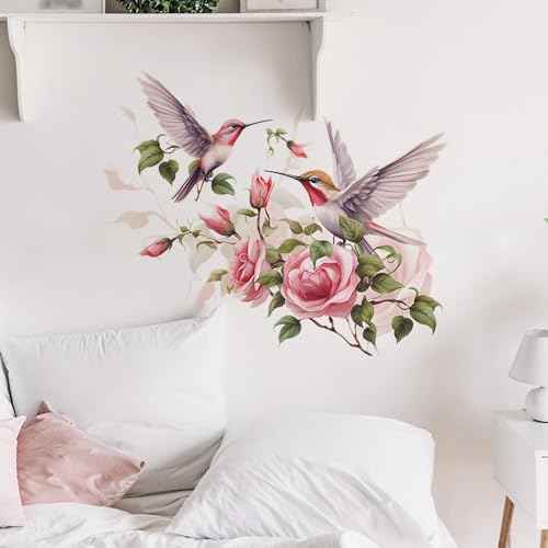 Pink Rose Hummingbird Flower Wall Stickers, sacinora Romantic Floral Art Bird Wall Decals Removable Vinyl Peel and Stick for Living Room Bedroom Nursery Playroom Kitchen Decorations