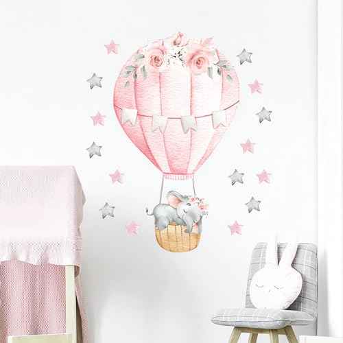 Pink Sleeping Baby Elephant Hot Air Balloon Stars Wall Stickers, sacinora Cute Art Wall Decals Removable Vinyl Peel and Stick for Kids Baby Girl Nursery Bedroom Toddler Room Decorations