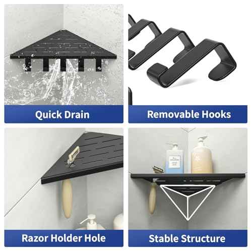 10¡®¡¯ Corner Shower Shelf, 304 Stainless Steel Shelves for Bathroom, Grout in Shelf with Hooks for Tiled Wall (Matte Black)