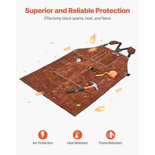 VEVOR Leather Welding Work Apron, Heavy Duty Cowhide Flame Resistant Welding Apron, Heat-Resistant Blacksmith Welder Aprons with 6 Tool Pockets for Woodworking, Gardening, BBQ