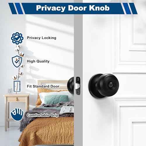 Estmoon 10 Pack Privacy Door Knobs for Bedroom Bathroom, Matte Black Door Handle with Lock Round Ball Interior Knobs for Bedroom/Bathroom, Heavy Duty Handle for Left Right Sided Doors