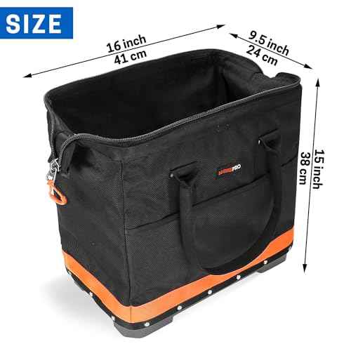 Wide Mouth Tool Bag, 16 Inch Heavy Duty Tool Bag with Waterproof Plastic Bottom, Multiple Purpose for Plumbers, Electricians, Handymen