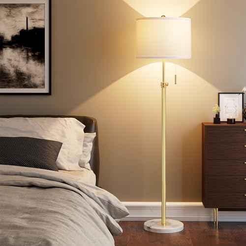 PARTPHONER Floor Lamp for Living Room, 66'' Adjustable Height Standing Lamp with Marble Base, 3-Color Tall Lamps with Pull Chain, Suitable for Bedroom, Reading, Office (Bulb Included, White Shade)