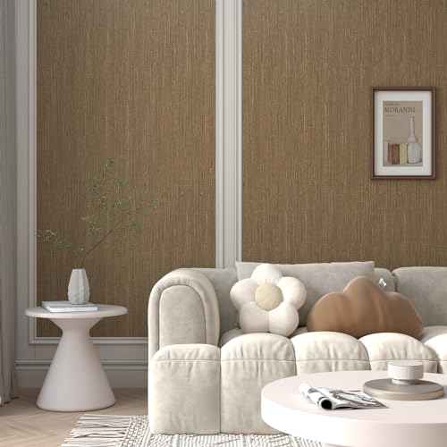 VaryPaper Bronze Brown Grasscloth Peel and Stick Wallpaper Textured Contact Paper for Cabinets Waterproof Grass Cloth Linen Wallpaper Self Adhesive Vinyl Paper for Bedroom Accent Walls 15.7''x78.7''