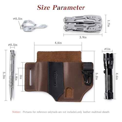 Leather Multitool Sheath,Handmade EDC Belt Organizer,Tactical Tool Pouch Holster, Fits Flashlight, Pen and Keychain, Brown