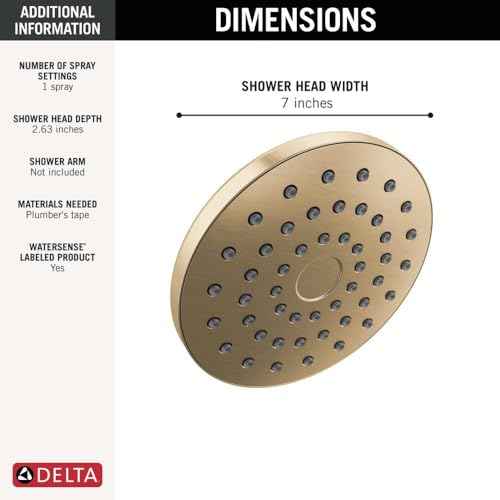 Delta PivotPro Brushed Gold Rain Showerhead, Single Setting 7 Inch Round Shower Head, Showerheads, 1.75 GPM Flow Rate, Champagne Bronze 75104CZ
