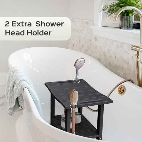 LyriFine Shower Bench - HDPE Waterproof Shower Bench for Inside Shower, 18.7" Shower Stool with Shower Head Holder, 350lbs Shower Seat with Storage Shelf, Shower Chair for Bathroom Indoor Outdoor Use